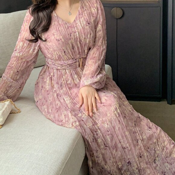 Pink Elegant Women's Plus Plus Size Floral Pattern V-Neck Lantern Sleeve Dress - Picture 6 of 8